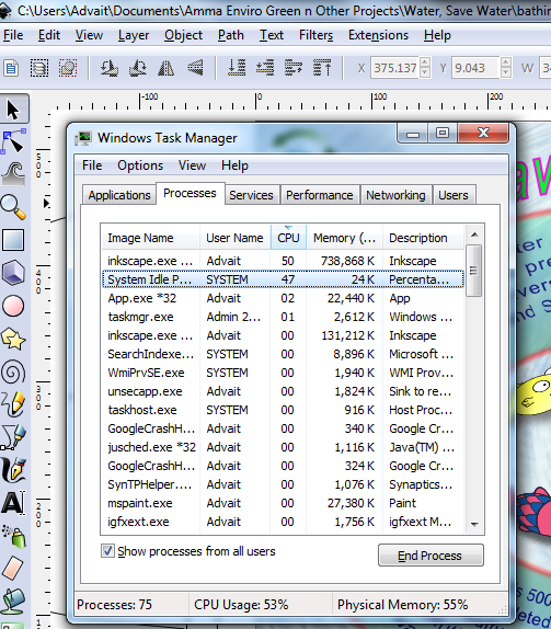 2012 05 26 InkScape using half of CPU and almost 1gb ram.png